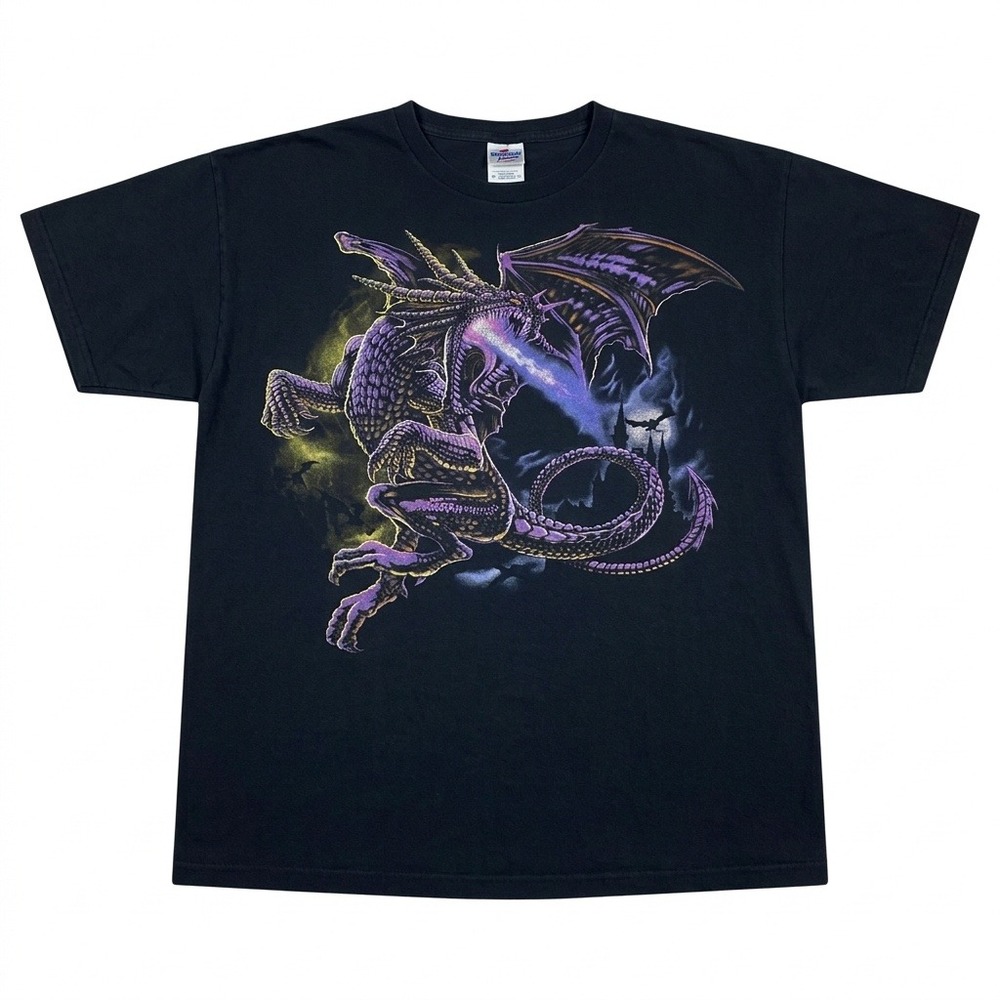 VTG Y2K Dragon T Shirt XL Alstyle Heavyweight Purple Fire Fantasy Gothic Castle‎